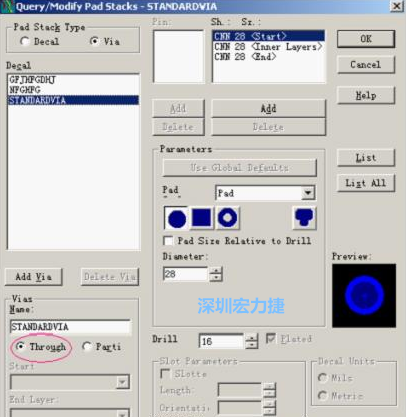 分析文件完成后，點擊菜單Setup→Pad Stacks調(diào)出焊盤堆設(shè)置窗口，將Pad Stack Type改為Via