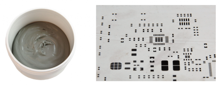 焊膏（左），PCB模板激光切割孔（右）